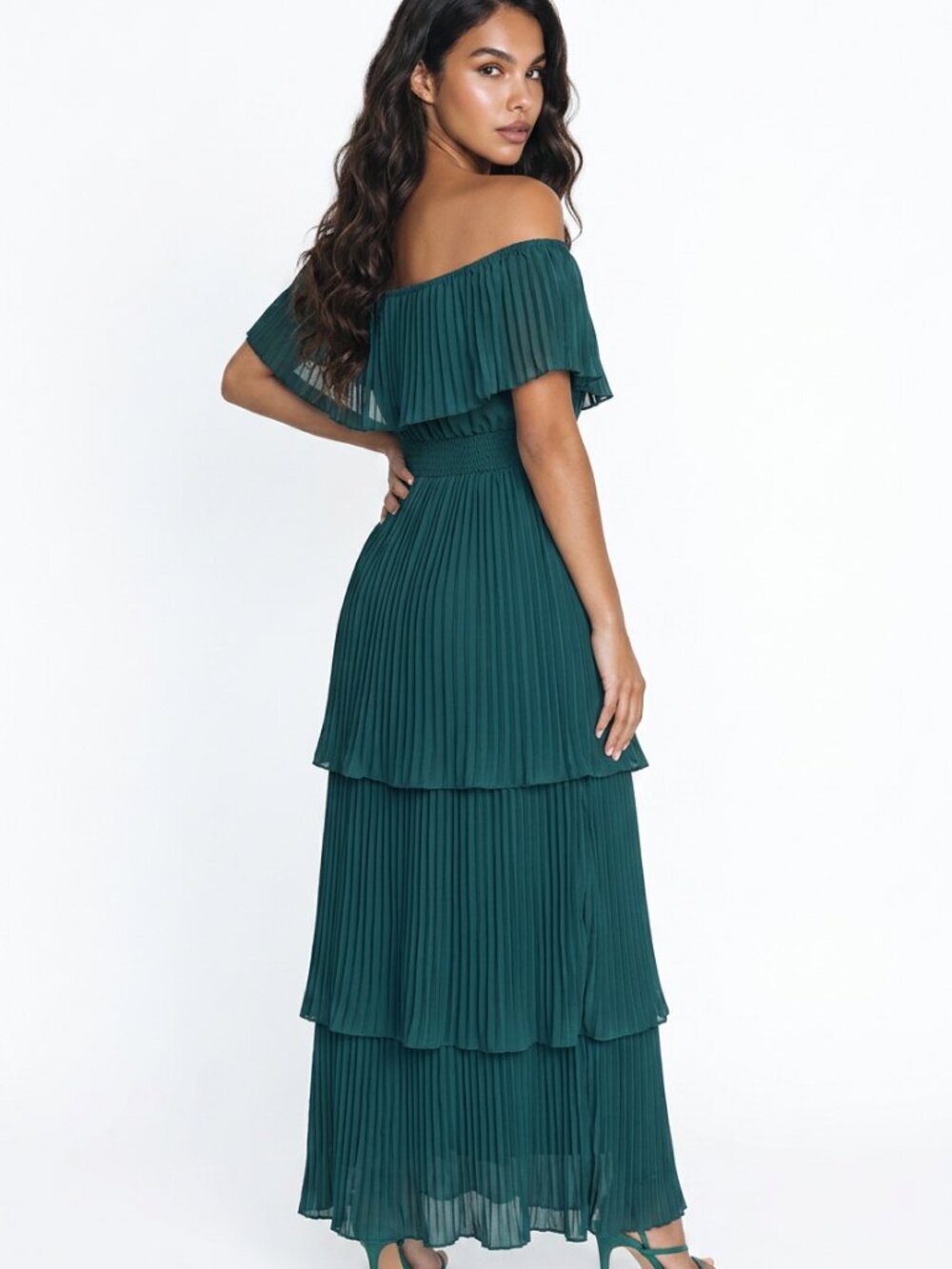Emerald and blush Pregnancy Pleated Off-the-Shoulder Maxi Dress
